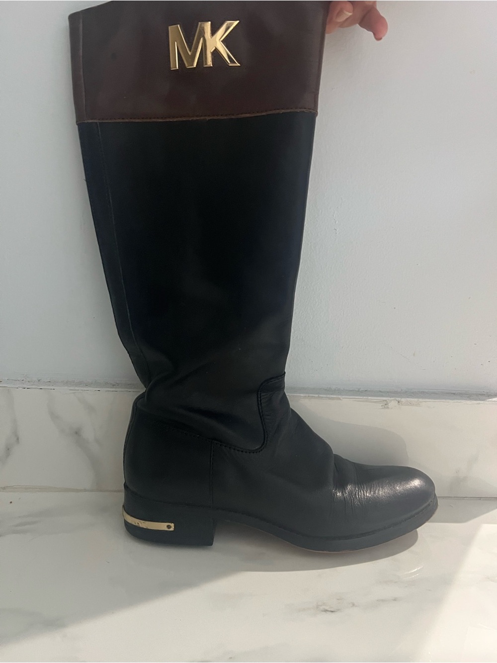 Michael Kors Black Leather Over-the-Knee Boots with Brown Cuff & Gold MK